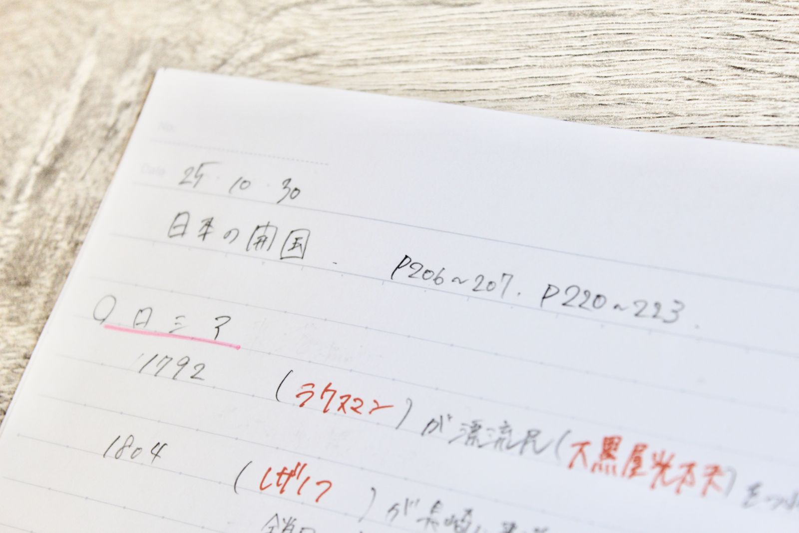 ノートを取り始める際、上の欄には日付、教材名、ページ番号を書いておく